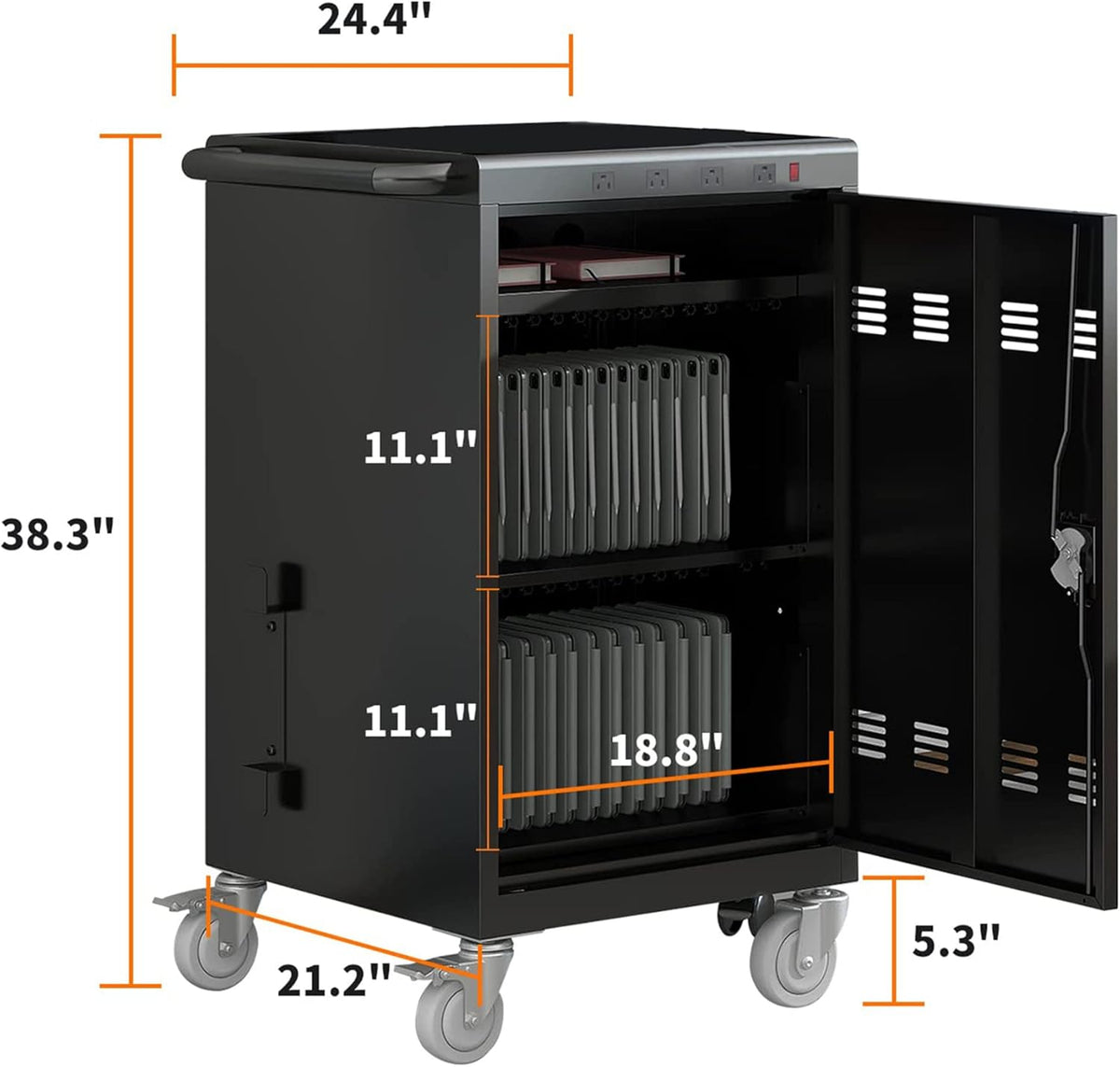 35 Device Mobile Charging Cart, Chromebooks and Laptop Computers, Locking Charging Station with Lock & Key for The Front Back Door, Surge Protection