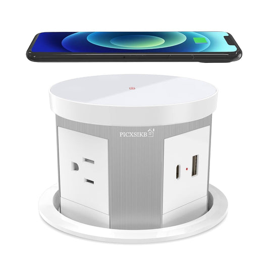 Pop Up Outlet for Countertop 4.33-inch Automatic Pop Up Hidden Outlet Round Pop Up Electrical Outlet with 15W Wireless Charger 1 USB-A & 1 USB-C & 3AC Plug 5 FT Cord for Home Office Kitchen(White)