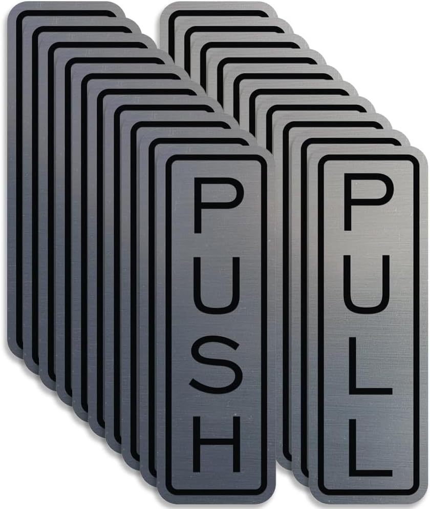 All Quality Classic Vertical Push Pull Door Signs - Great for Glass Doors | Professional Looking Signs | Easy Installation Includes Double-Sided Foam Adhesive Tape (Brushed Silver) - Small (10 Pack)