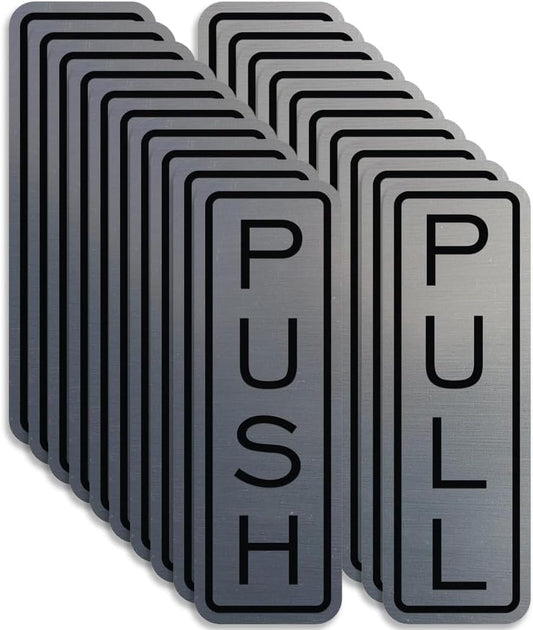 All Quality Classic Vertical Push Pull Door Signs - Great for Glass Doors | Professional Looking Signs | Easy Installation Includes Double-Sided Foam Adhesive Tape (Brushed Silver) - Small (10 Pack)