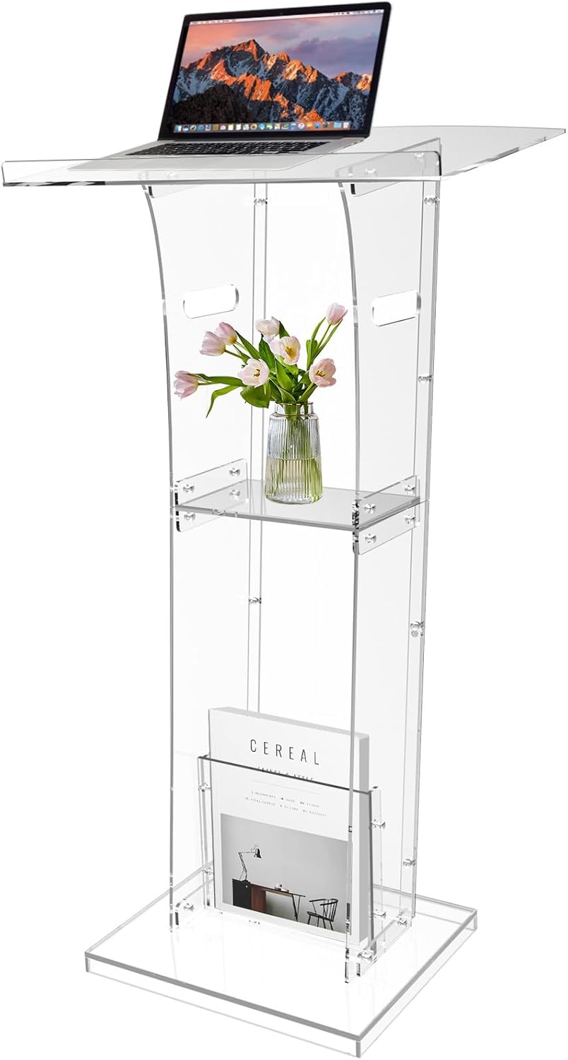Acrylic Podium Stand with Storage Shelf,Segmented Transparent Lecterns & Podiums,Pulpits for Churches、Conference、Speeches、Weddings、Classroom、Concert,47" H Professional Presentation Podiums