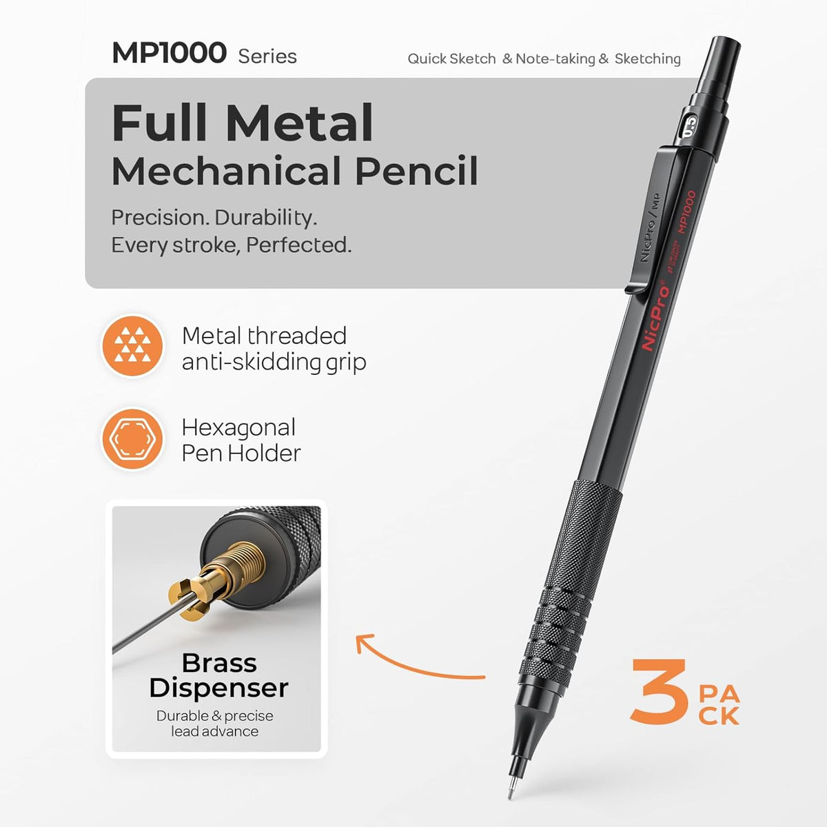 Nicpro 0.5 mm Mechanical Pencils Set with Case, 3 Metal Artist Pencil With 480PCS HB Lead Refills, 3 Erasers,9 Eraser Refills For Architect Art Writing Drafting, Drawing, Engineering, Sketching, Black