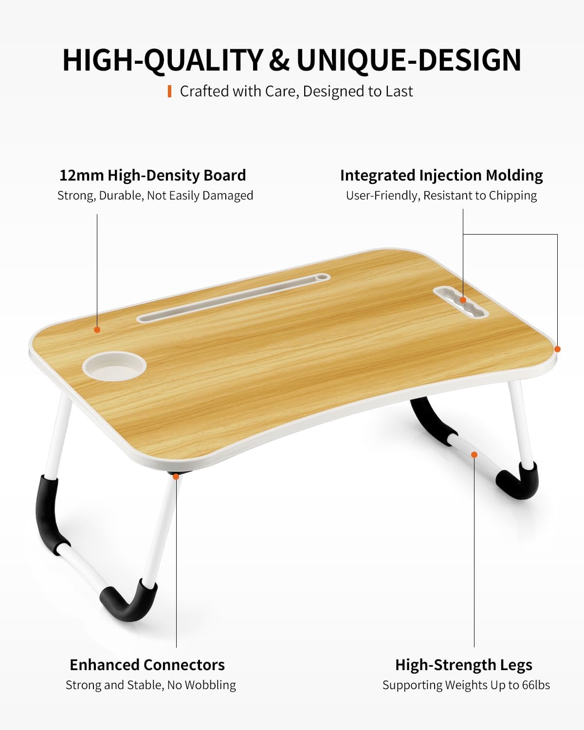 Foldable Laptop Table, Portable Lap Desk Bed Table Tray, Laptop Stand with Cup Holder & Tablet Slot & Lifting Handle for Working Writing Drawing & Eating (Wood)