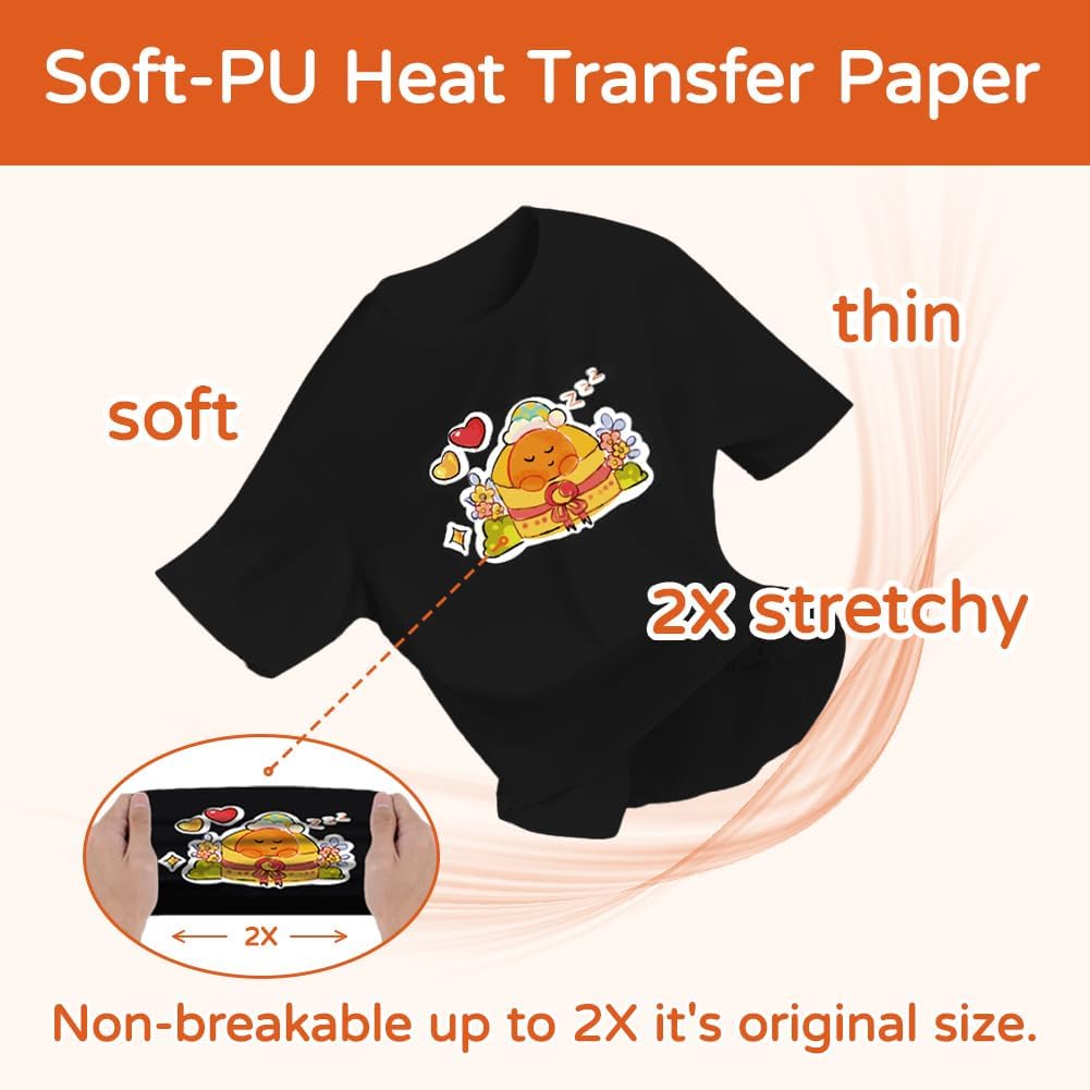 TranSmile PU-Heat Transfer Paper for T Shirts (50 Sheets, 8.5 x 11'') Printable Heat Transfer Vinyl for Dark Fabrics Iron on Transfers for Inkjet Printer (D-50)