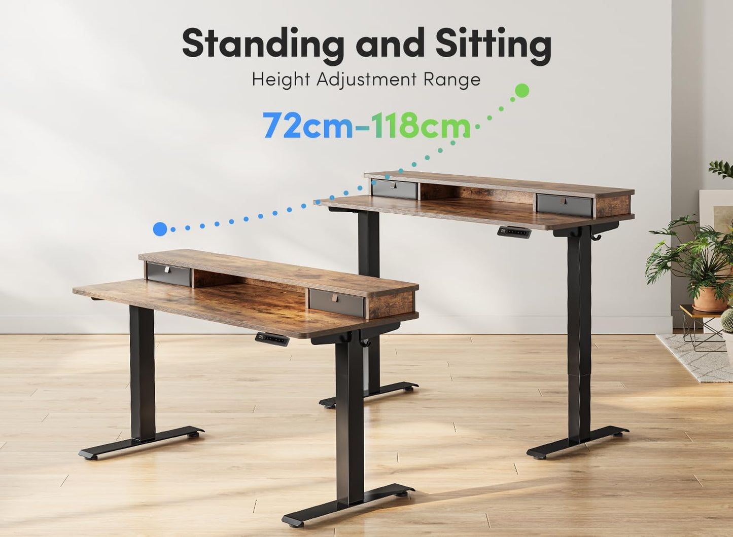 FEZIBO 40 x 24 Inch Height Adjustable Electric Standing Desk with Double Drawer, Computer Desk, Home Office Stand Up Table with 4 Height-Adjustable Feets & 2 Hooks, Rustic Brown