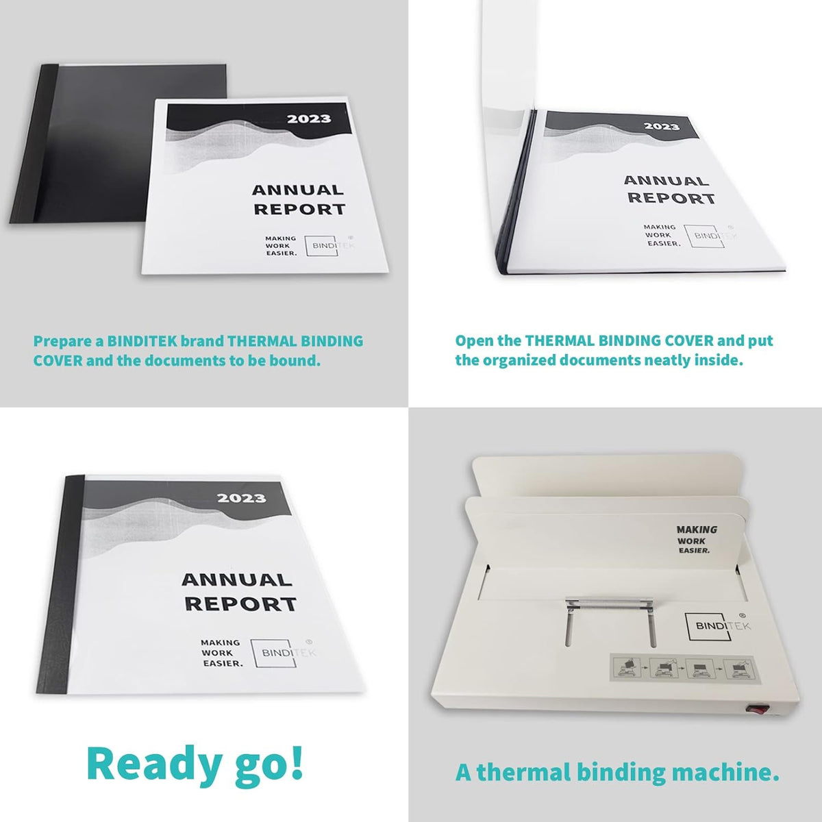 Binditek 10 Pack Thermal Binding Presentation Covers, 1 Inch Spine, Holds 220 Sheets, Ultra Clear Front Cover, Black Paper Back Cover, Letter Size, for Students and Coworkers