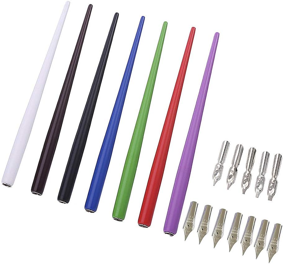 Professional Manga Gothic Pen Dip Pen Calligraphy Drawing Pen Kit, 7 Pen Holders Handles, 12 Nibs (7 Fountain Pen Nib, 5 Flat Nib) - 7 Pcs A