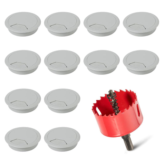 12 PcsDesk Grommet 2 Inch (50 mm), Desk Hole Cover for Cables, Desk Wire Hole Insert, 2" Desk Hole Grommet, Cable Grommet, Desk Cord Hole Cover, Desk Cable Hole Cover with Hole Saw - Grey