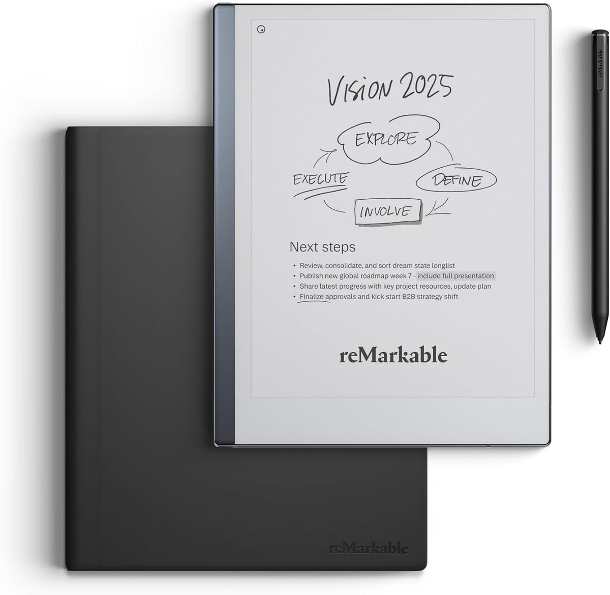 reMarkable Essentials Bundle - Leather Folio | reMarkable 2 Paper Tablet | Black and White 10.3'' Writing Tablet, Marker Plus Pen with Built-in Eraser and Book Folio Case in Black Premium Leather