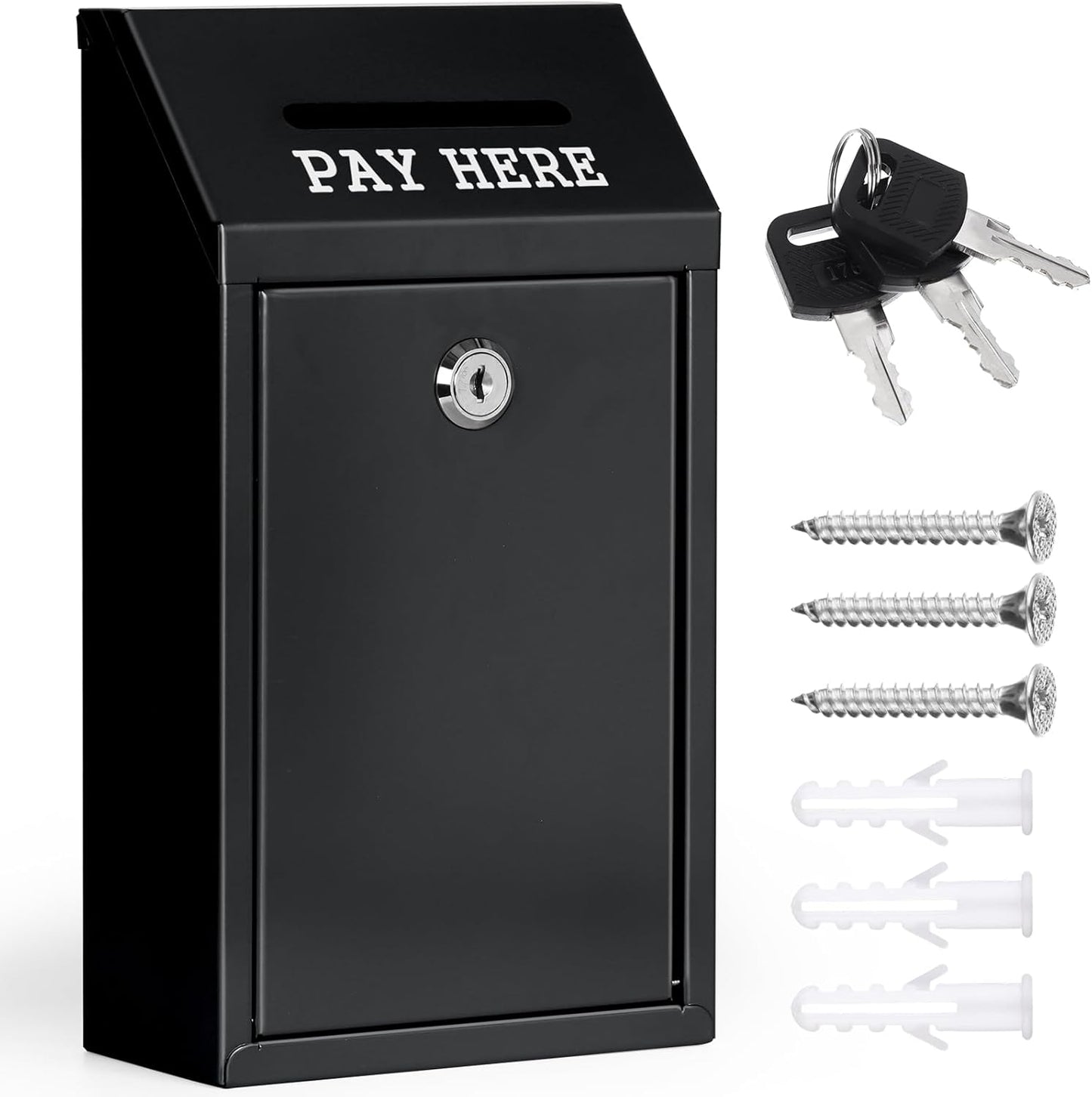 Metal Donation Box Collection Safe Suggestion Box with Lock Wall Mounted Mailbox Delivery Ballot Case Key Drop Case for Home Office Outdoor Door (Balck, 10.24 x 5.71 x 2.95 Inch)