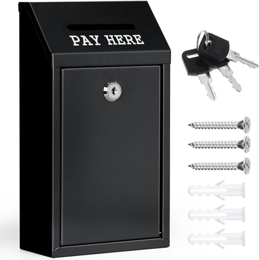 Metal Donation Box Collection Safe Suggestion Box with Lock Wall Mounted Mailbox Delivery Ballot Case Key Drop Case for Home Office Outdoor Door (Balck, 10.24 x 5.71 x 2.95 Inch)