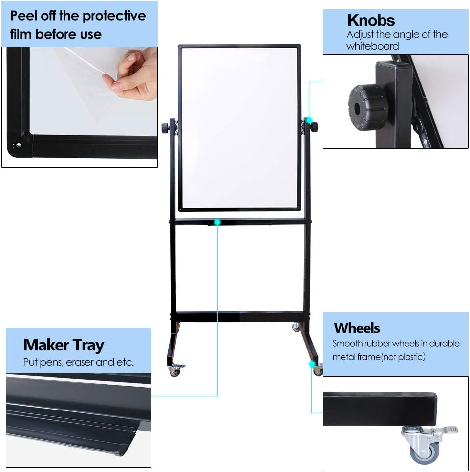 XIWODE Double-Sided Magnetic Dry Erase Board，36 X 24 Inch Mobile Whiteboard on Wheels with Rolling Stand, Black Aluminum Frame
