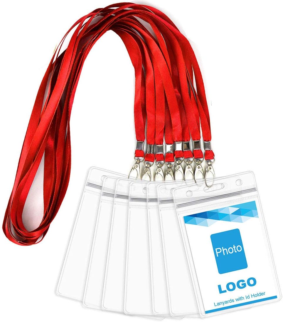 Lanyard with ID Holder 50 Pcs Waterproof Name Tag Badge ID Card Holders ID Pass Holder and 50 Pcs Flat Neck Lanyards Swivel Hook (Red, Vertical)