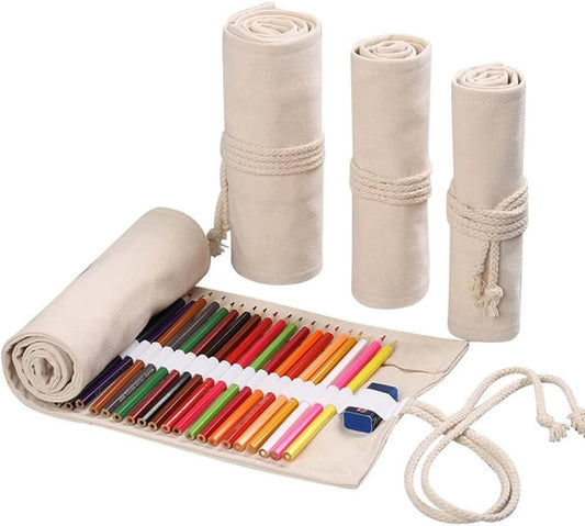DIYOMR 12/24/36/72 Slots Pencil Wrap Pencil Rolls, Artist Colored Pencil Roll Up Bag Short Brush Pouch Case Pencils Organizer for Drawing Coloring and Sketching, No Pencils (White, 12slots)