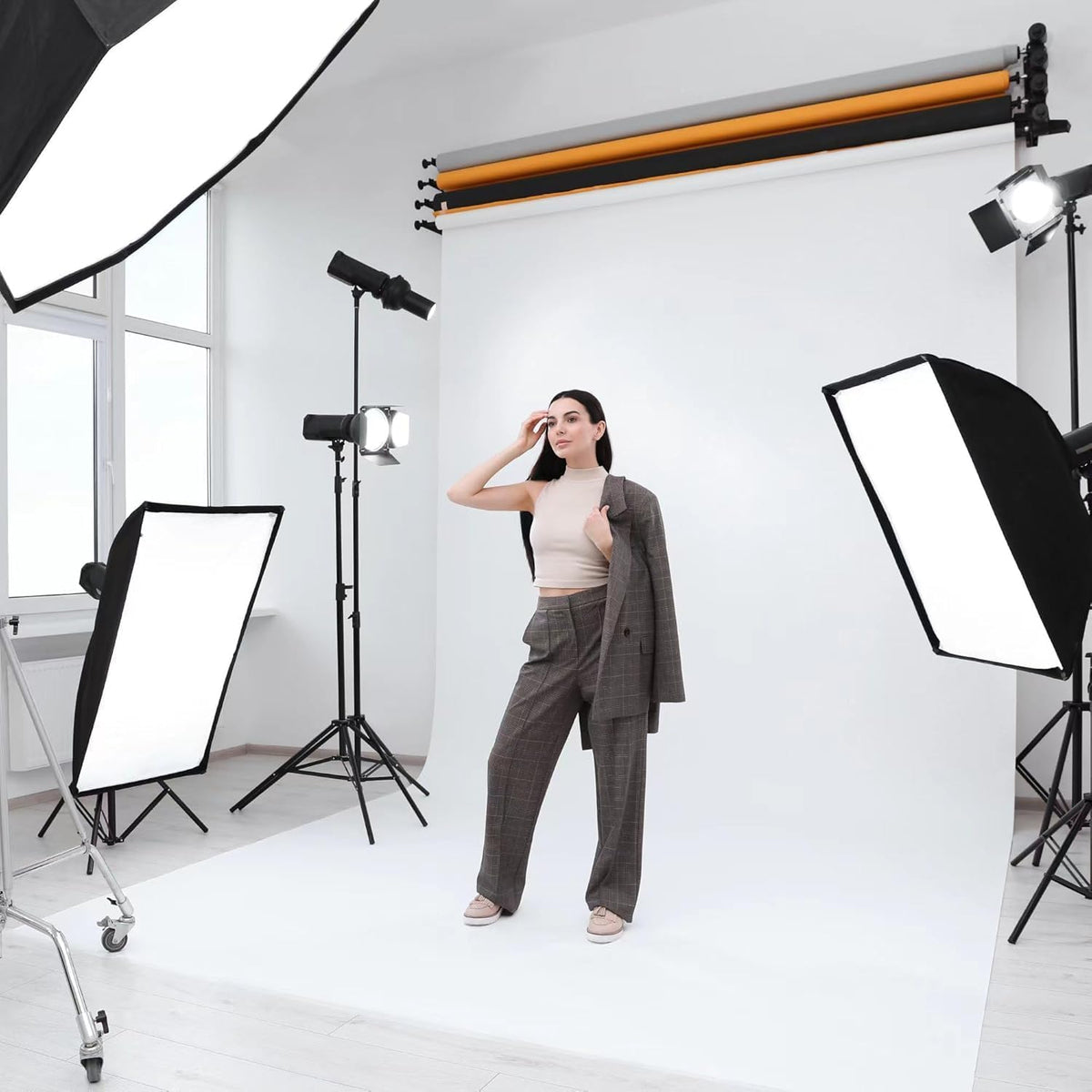 8 x 10 FT White Backdrop - Premium Polyester for Video Streaming, Portrait Photoshoot, Wall Mounted, Parties and Small Events