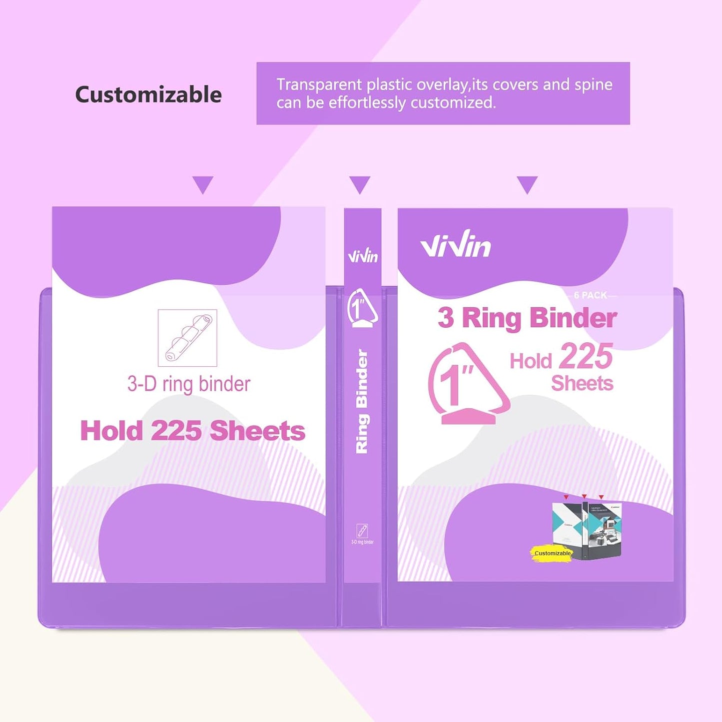 ViVin Sturdy 1 Inch D Ring Binders, 3 Ring Binders with 2 Pockets, Hold 225 Sheets of US Letter Size Paper for Office,Home,School, 6 Pack (Purple)
