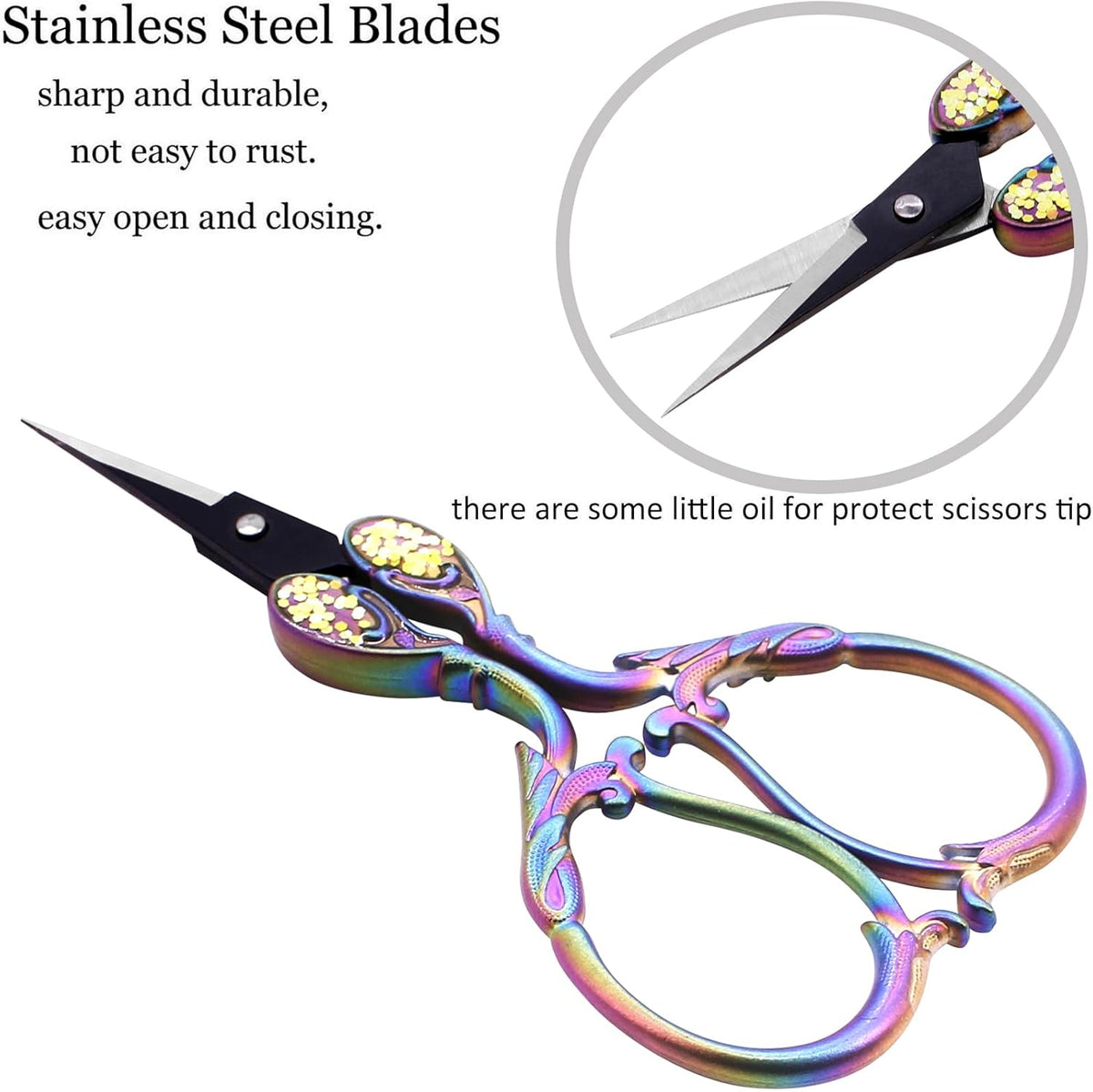 BIHRTC Small Embroidery Scissors 4.5 Inch with Artificial Leather Cover Stainless Steel Shears Mini Rainbow Flower Scissors for Handicraft DIY Tool Crafting Cross Stitch Handcraft