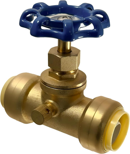 3/4 inch Push Fit Stop Valve with Drain and Vent, Push to Connect Brass Plumbing Fitting, Pex Pipe, Copper, CPVC, PE-RT, HDPE, 2-5-2=5, 5 Pieces