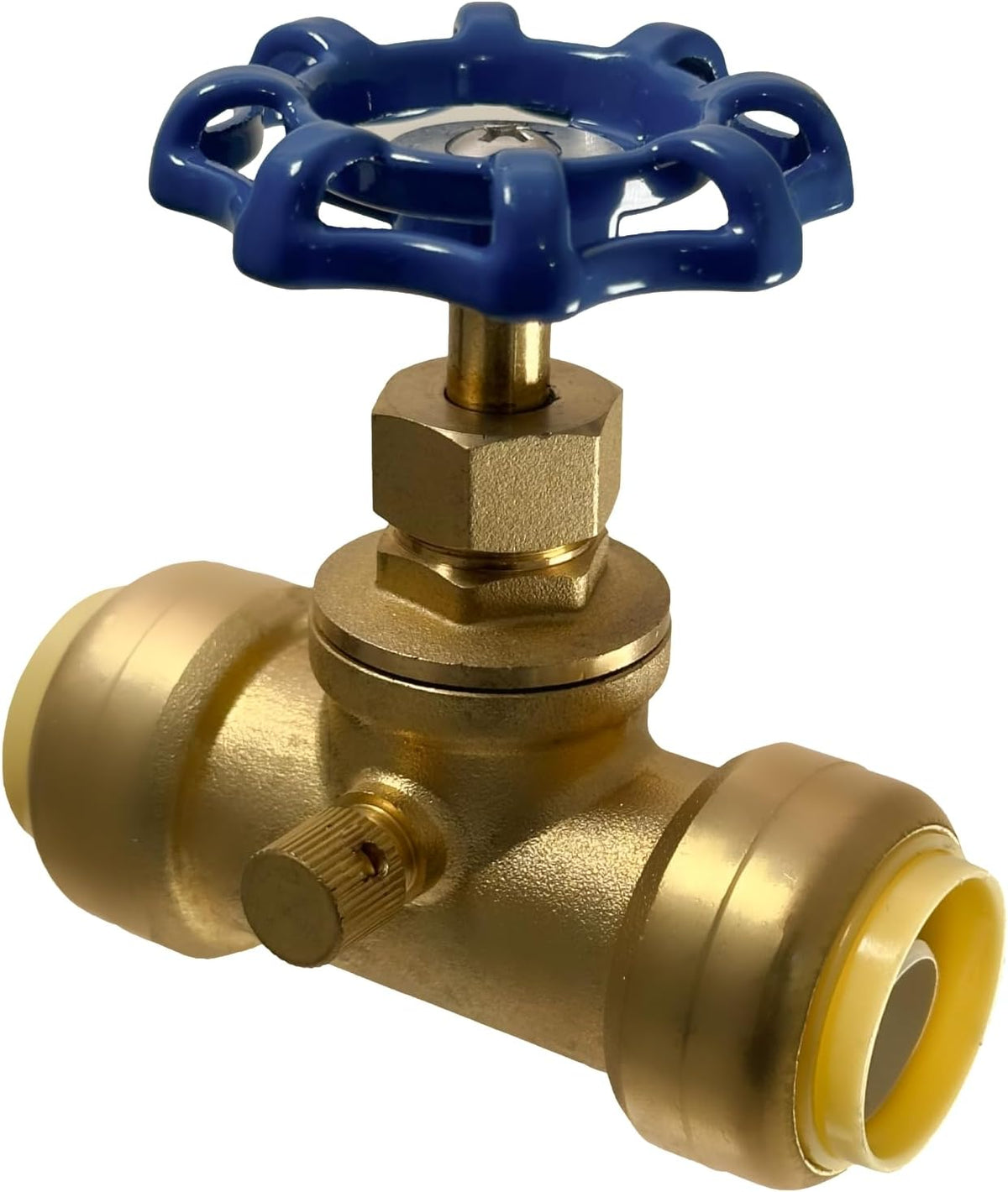 3/4 inch Push Fit Stop Valve with Drain and Vent, Push to Connect Brass Plumbing Fitting, Pex Pipe, Copper, CPVC, PE-RT, HDPE, 2-5-2=1, 1 Piece
