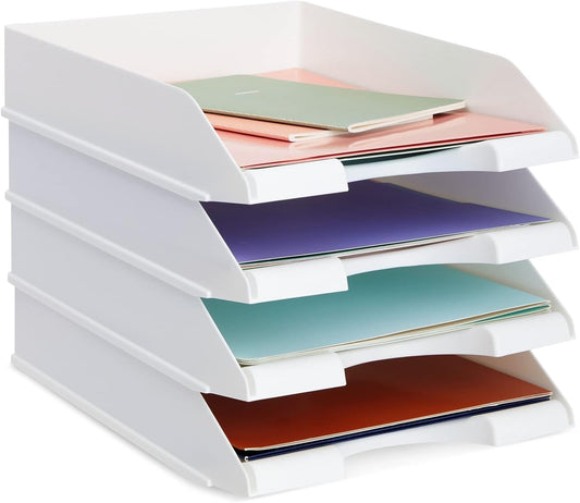 Stockroom Plus Paper Trays for Classroom - 4 Pack, White, 10 x 13.5 x 2.5 in - Desk Organizer Stacking Trays for Classroom Organization & Office Document Storage