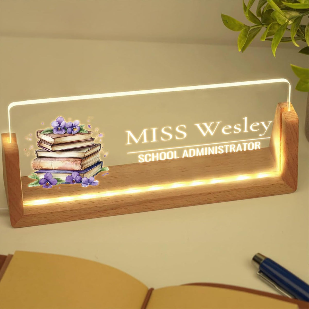Custom Name Plate for Desk with Light Up Acrylic & Wooden Base - Personalized Office Sign for Teacher, Boss, Coworker - Employee Appreciation Gift for Educators Professionals