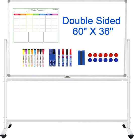 Large Rolling White Boards 60X36, Double-Sided Mobile Magnetic Whiteboard on Wheels, 5' x 3' Whiteboard with Stands, Dry Erase Board with Stand Up White Board for School, Office, Home