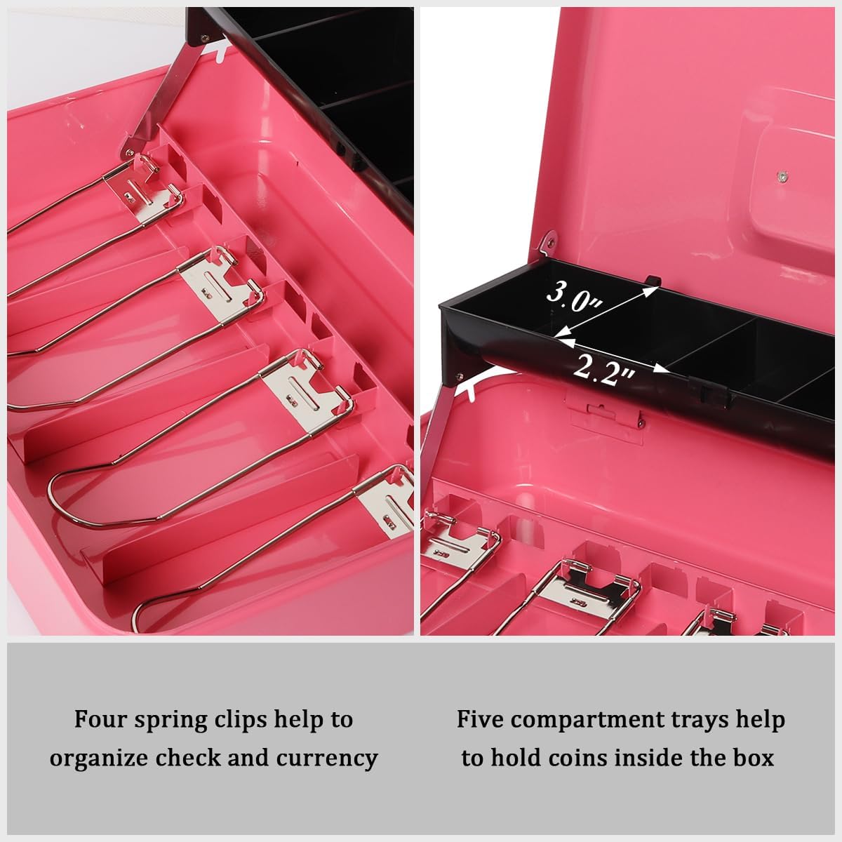 Jssmst Large Locking Cash Box with Money Tray, Lock Box with Security Cable Metal Money Box with Key Lock, Pink