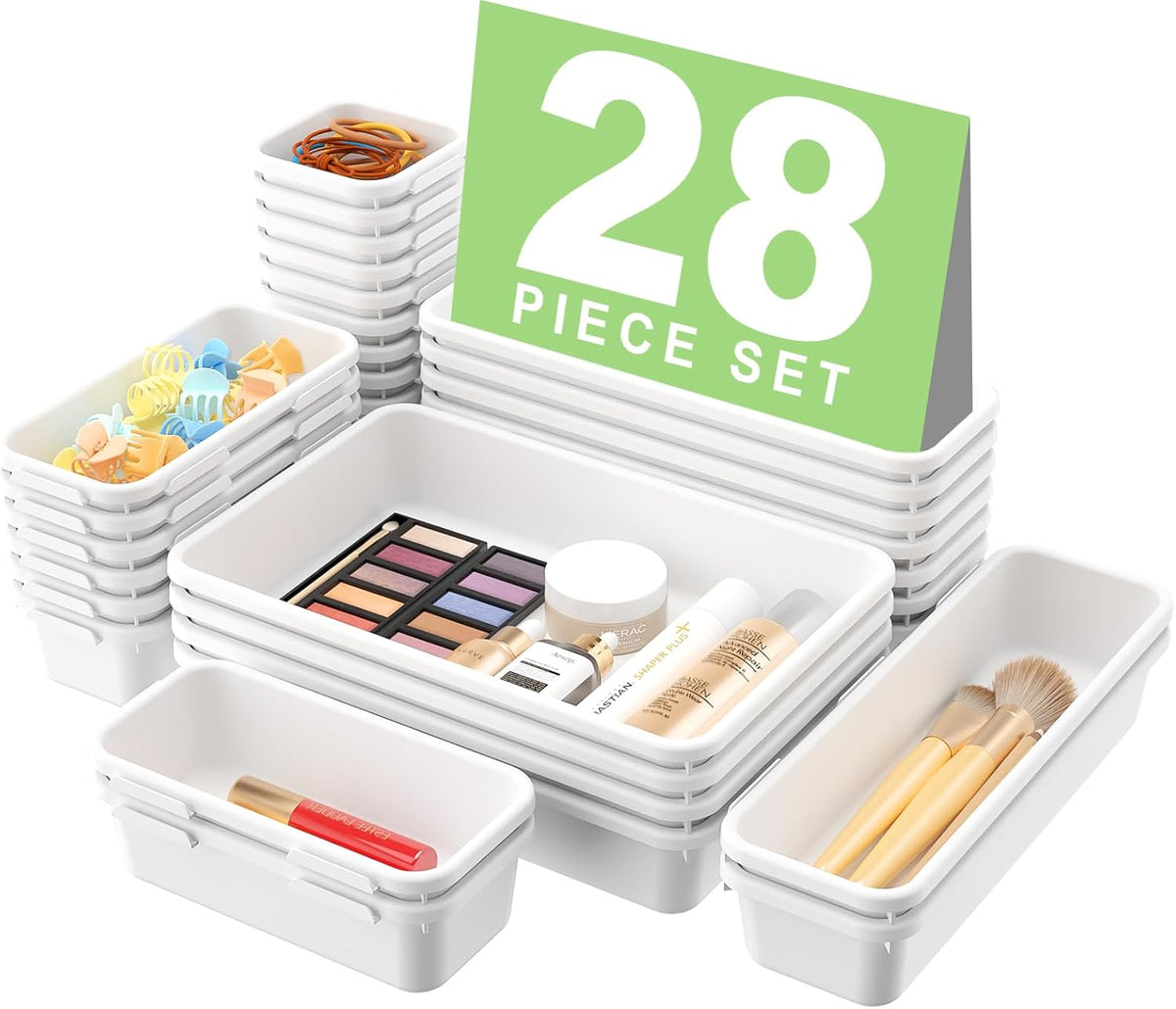 【28PCS】A-LUGEI Drawer Organizer, Bathroom Organizers and Storage, Makeup organizer, Desk drawer organizer, Storage Bins for Kitchen Office Bedroom Vanity Jewelry Pantry Garage【White】【4Size】
