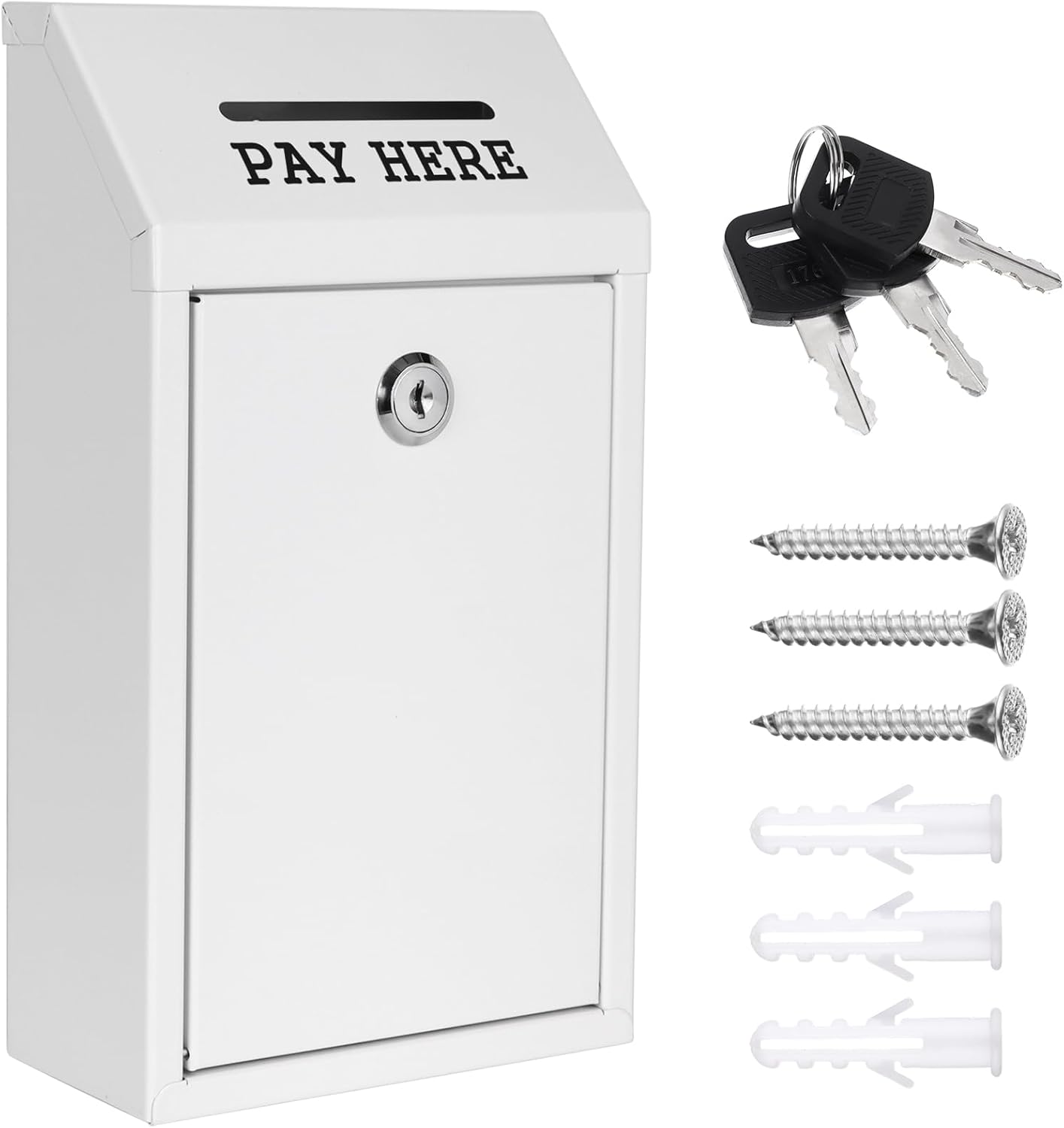 Metal Donation Box Collection Safe Suggestion Box with Lock Wall Mounted Mailbox Delivery Ballot Case Key Drop Case for Home Office Outdoor Door (White, 10.24 x 5.71 x 2.95 Inch)