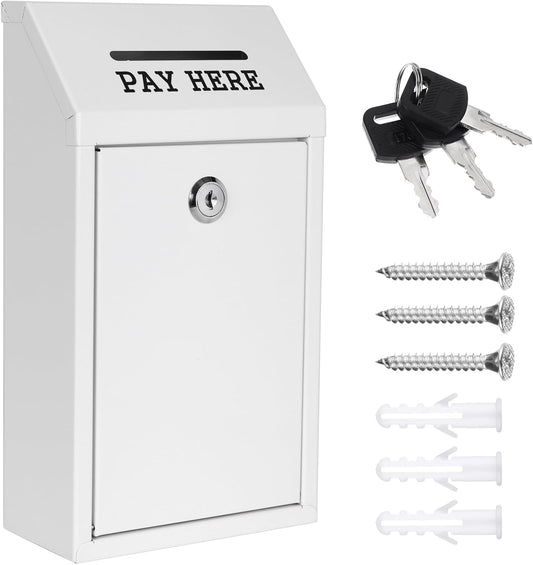 Metal Donation Box Collection Safe Suggestion Box with Lock Wall Mounted Mailbox Delivery Ballot Case Key Drop Case for Home Office Outdoor Door (White, 10.24 x 5.71 x 2.95 Inch)
