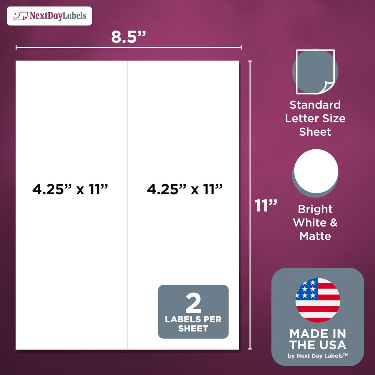 NextDayLabels – 4-1/4" x 11" Rectangular Sticker Labels for Printer - White Laser/Inkjet Printer Labels Return Address Labels Shipping Label Stickers (500 Sheets, 2 Per Sheet, 1000 Labels)
