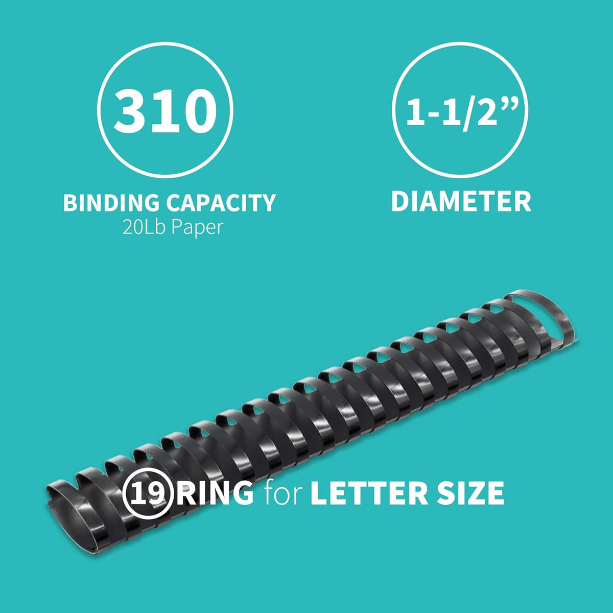 Binditek 50 Pack Plastic Binding Comb Spines, 1-1/2 Inch Diameter, 310 Sheet Capacity, 19 Ring, for Letter Size, Black, for Students and Coworkers