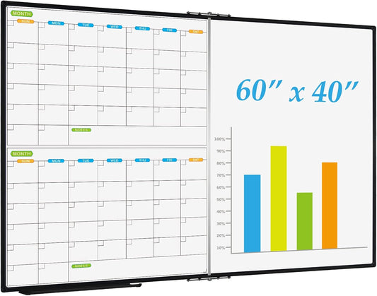 JILoffice Magnetic Foldable Dry Erase Calendar Whiteboard Combo, 2 Month Calendar Board & White Board 60 X 40 Inch, Black Aluminum Frame Wall Mounted Board for Office Home and School