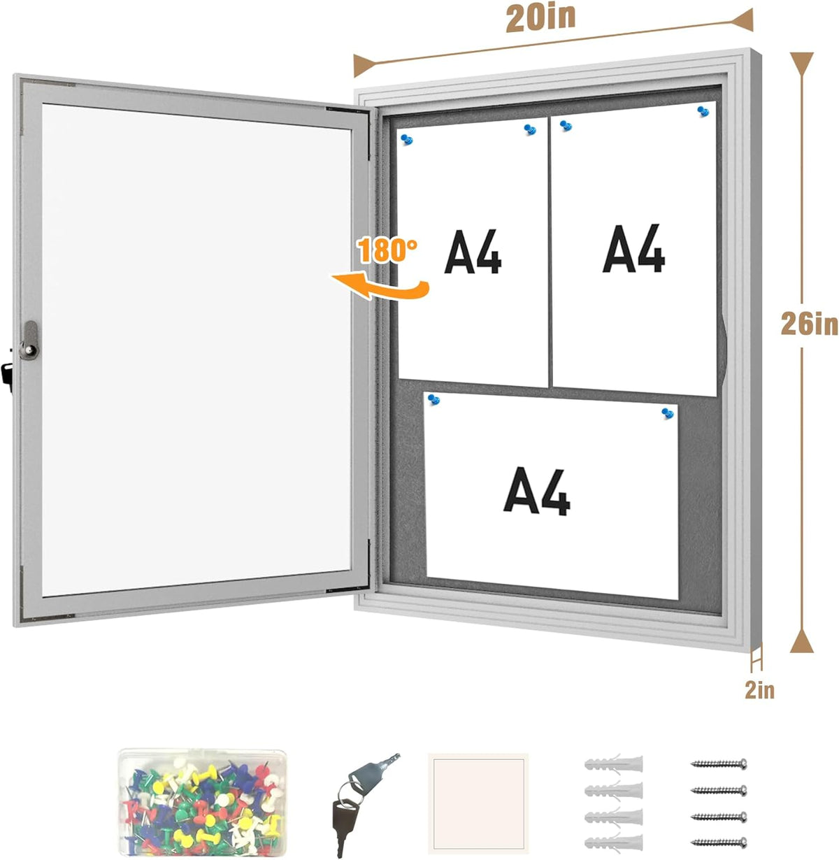 26"x20" Enclosed Bulletin Board, Outdoor Lockable Weather-Resistant Aluminum Cork Noticeboard for School & Office, Silver Frame w/Grey Flet