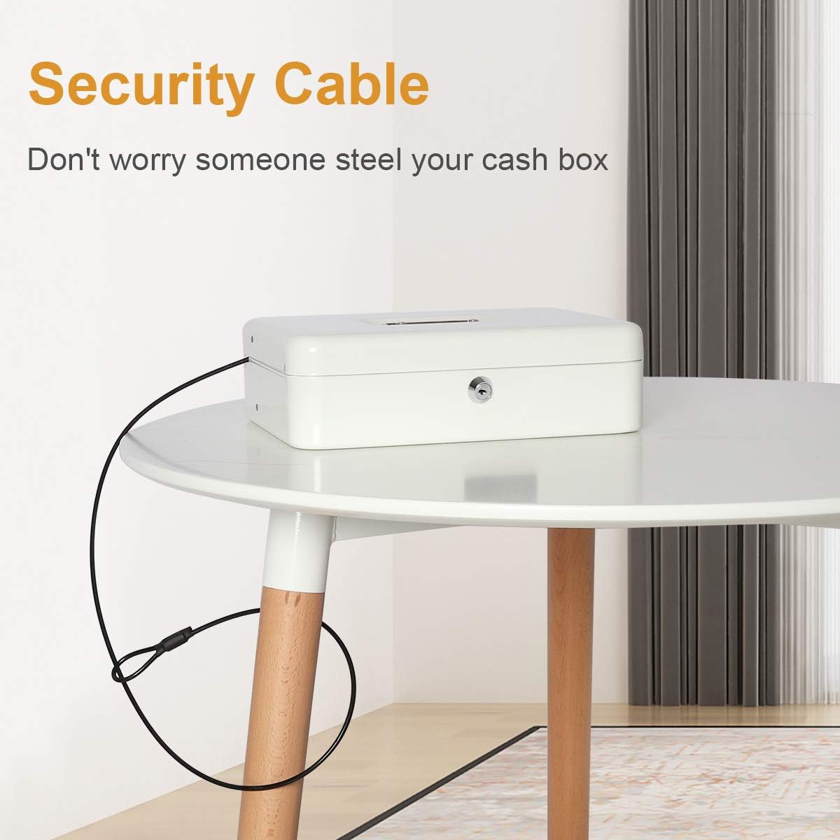 Jssmst Large Locking Cash Box with Money Tray, Lock Box with Security Cable Metal Money Box with Key Lock, White