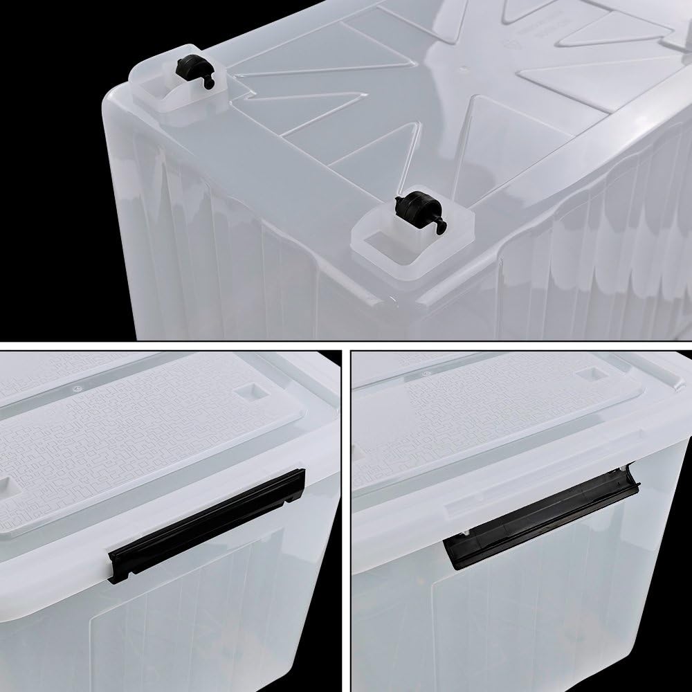 4-Pack 70 L Large Clear Storage Boxes, Plastic Latching Boxes with Wheeles