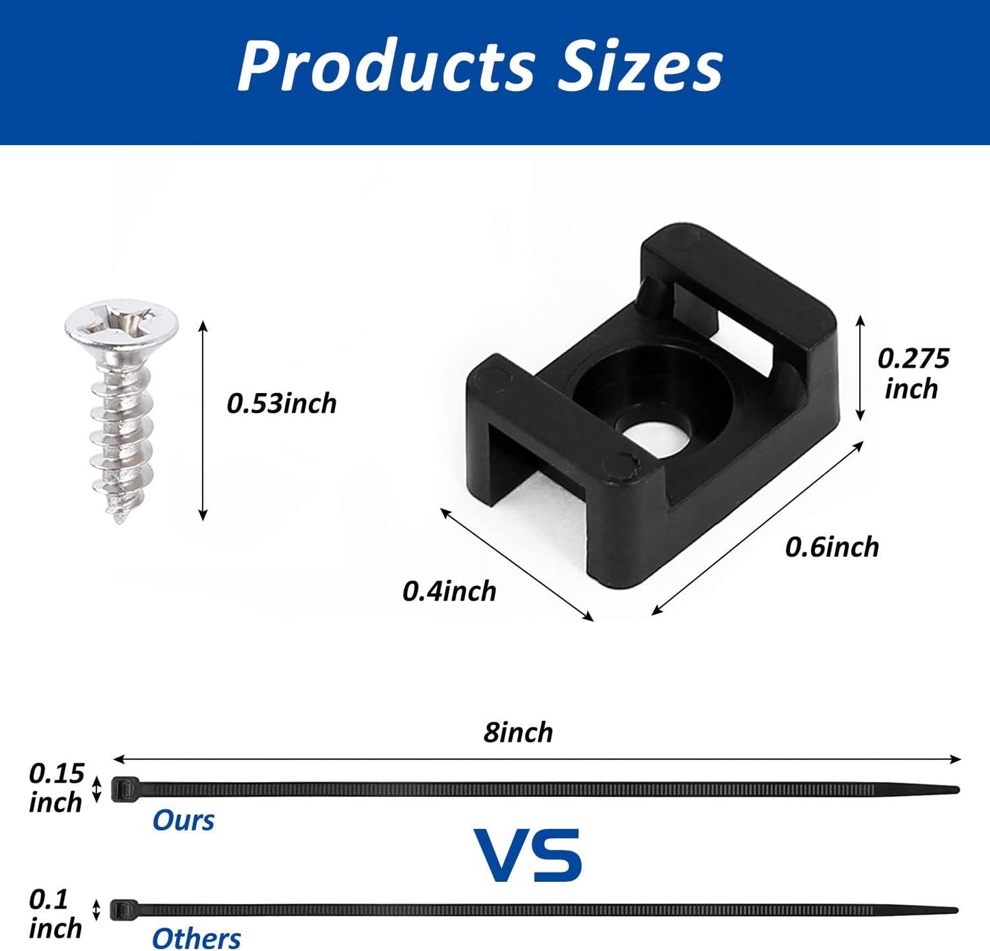 Cable Zip Tie Mounts Kit - 60 Set Wire Cable Clips Organizer Holders with 8" Cable Ties, Saddle Type Mounts Base and Tapping Screw, Black