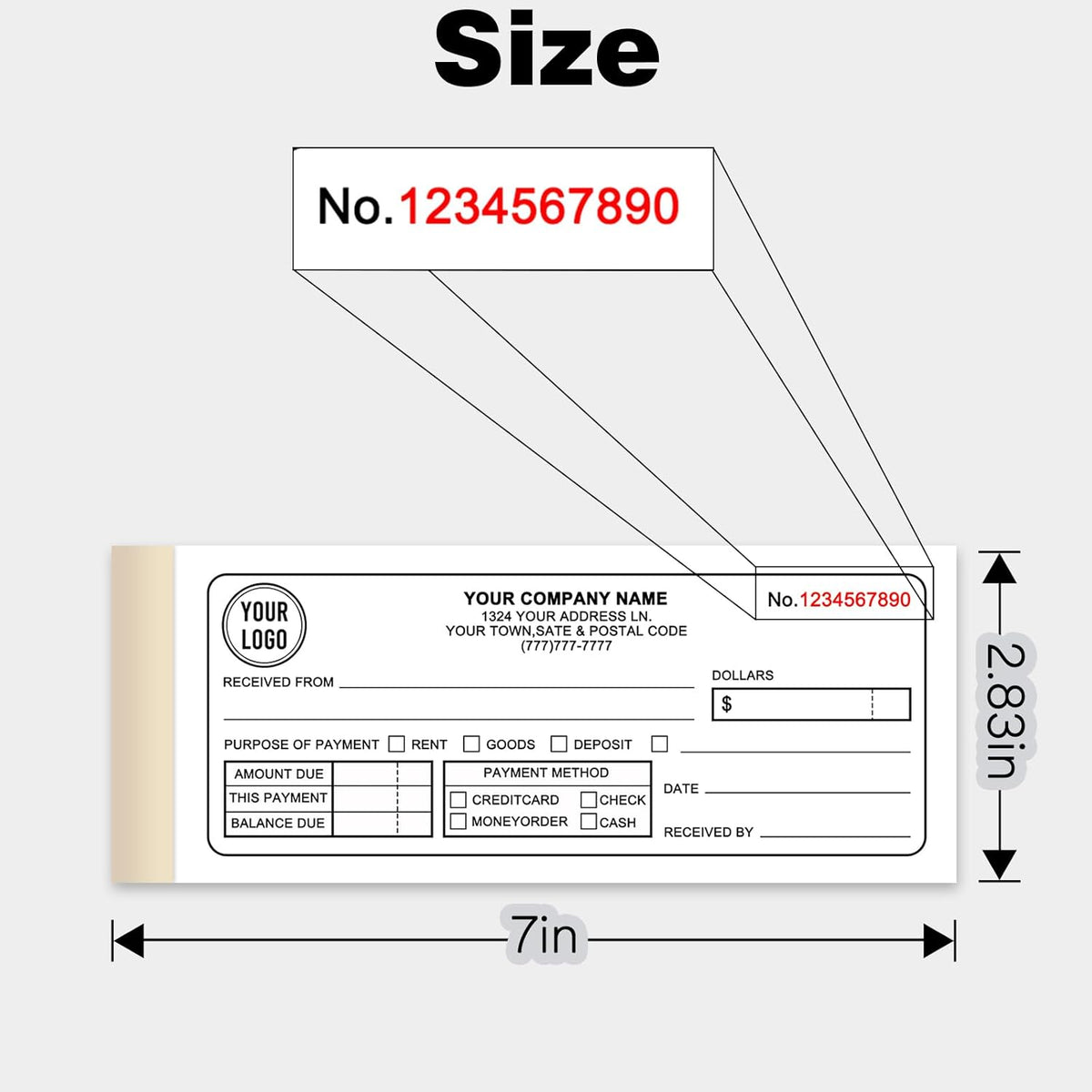 Custom Invoice Receipt Book for Small Business 2.83x7" Personalized 2-Part Contractor Duplicate Carbonless Sales Forms with Company Name Address Phone Number 100 Sets