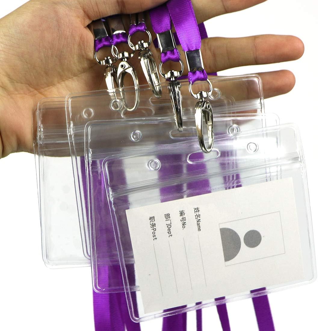 Lanyard with ID Holder 50 Pcs Waterproof Name Tag Badge ID Card Holders ID Pass Holder and 50 Pcs Flat Neck Lanyards Swivel Hook (Purple, Horizontal)