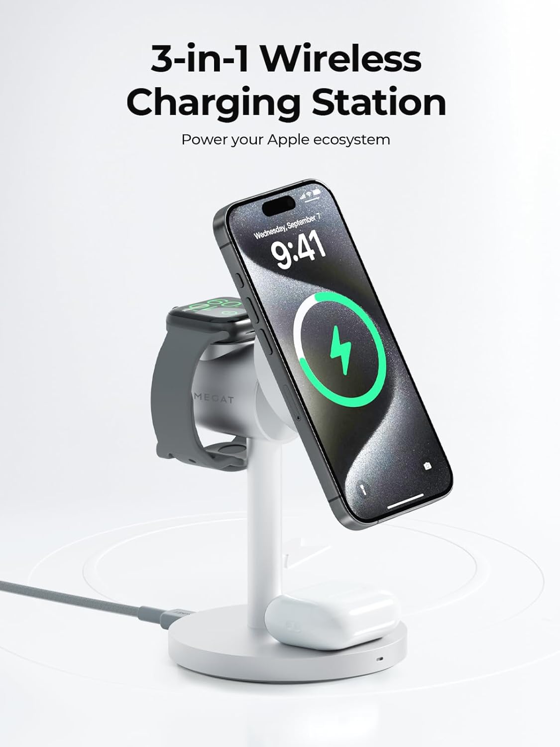 MagFusion 3-in-1 Charging Station Compatible with MagSafe, Qi2 Certified 15W Wireless Charger Stand, Magnetic Charger for iPhone 17/16/15/14/13/12 Series, Apple Watch, AirPods, Silver