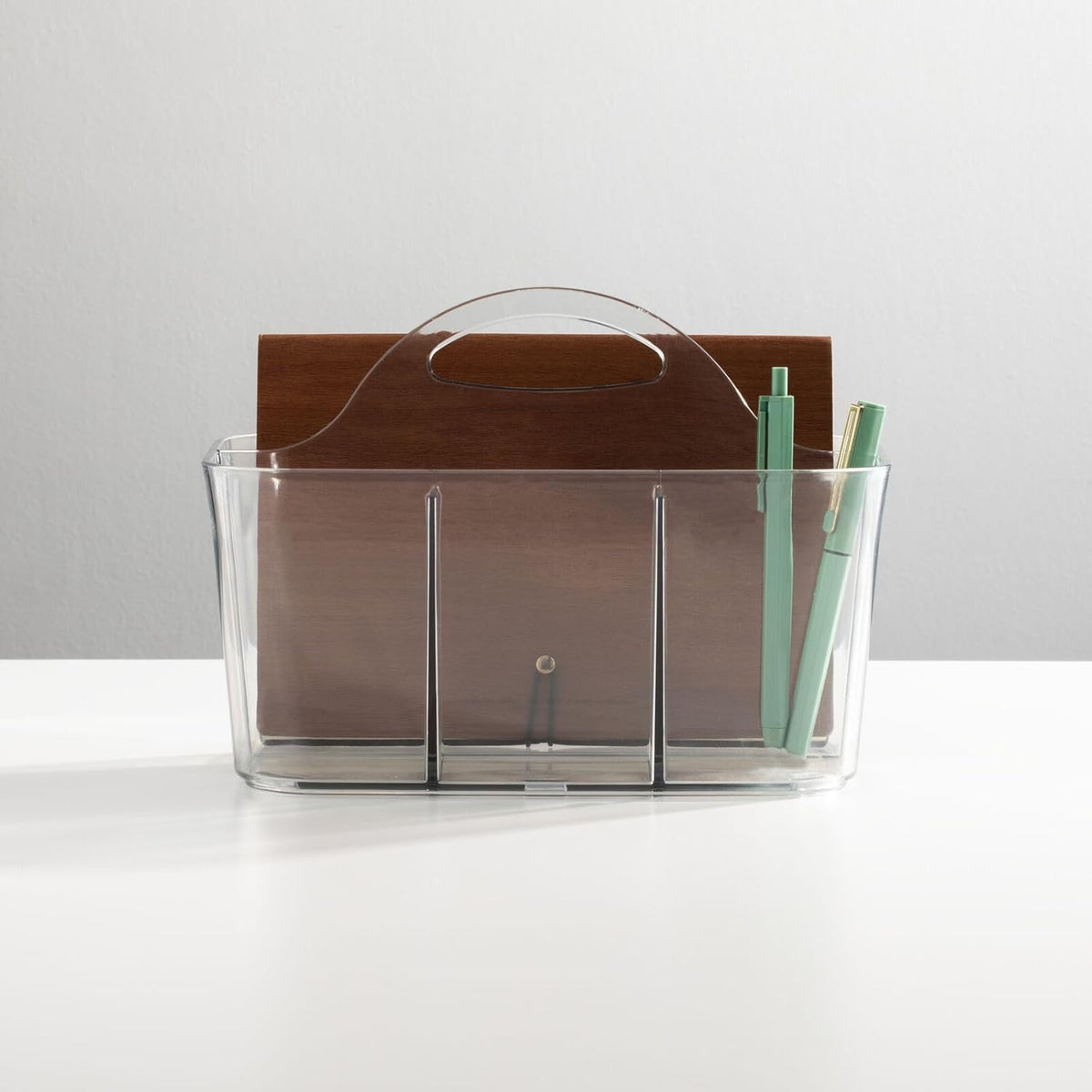 MetroDecor mDesign School Supplies Desk Organizer Tote for Scissors, Pens, Pencils, Notepads, Markers, Highlighters, Tape - Small, Clear