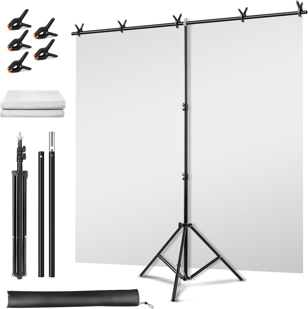 Green Screen Backdrop Kit, Portable Greenscreen Background with T-Shaped Stand, 5 Clamps & Carrying Bag for Photography, Streaming, Zoom, Gaming, (White, 6.5 Feet X 5.0 Feet)