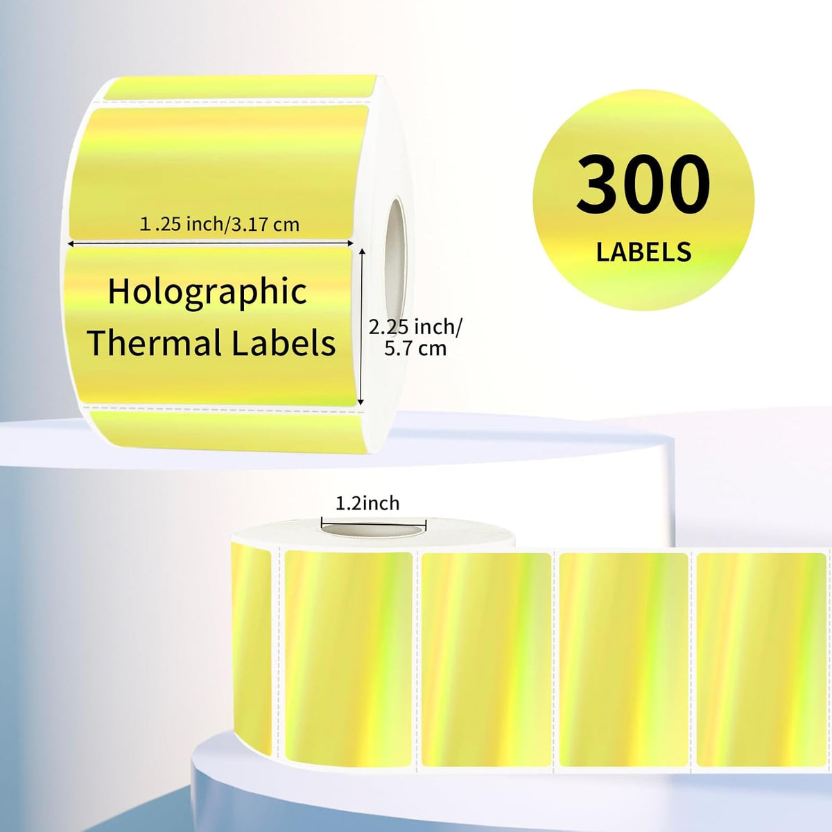 2.25"x1.25" Direct Thermal Labels, Holographic Thermal Printer Labels for Barcode, Self-Adhesive Address Shipping Thermal Label Stickers-1 Roll, 300 Labels, Holographic Yellow