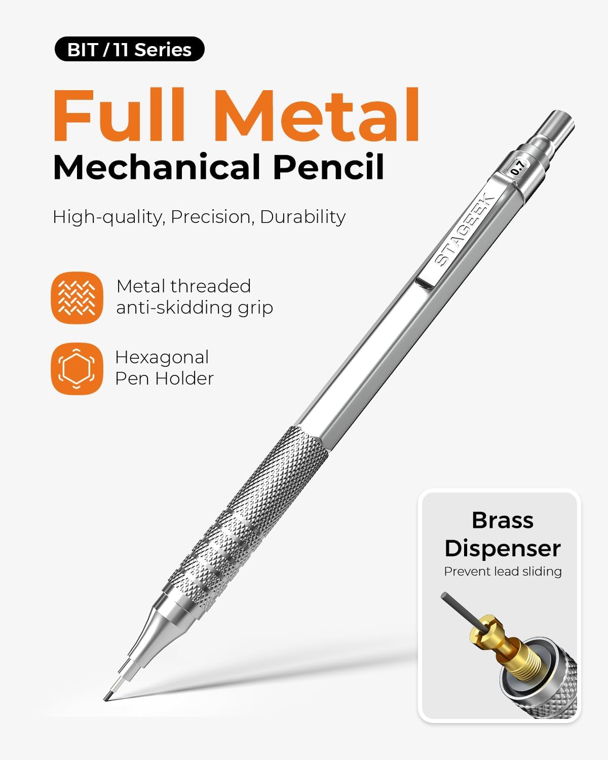Metal Mechanical Pencil Set in Leather Case, 5PCS Art Drafting Pencil 0.3, 0.5, 0.7, 0.9 & 2mm Lead Holder, 9 Tube (4B 2B HB 2H Colors) Lead Refills for Drawing, Sketching, Writing (Silver)
