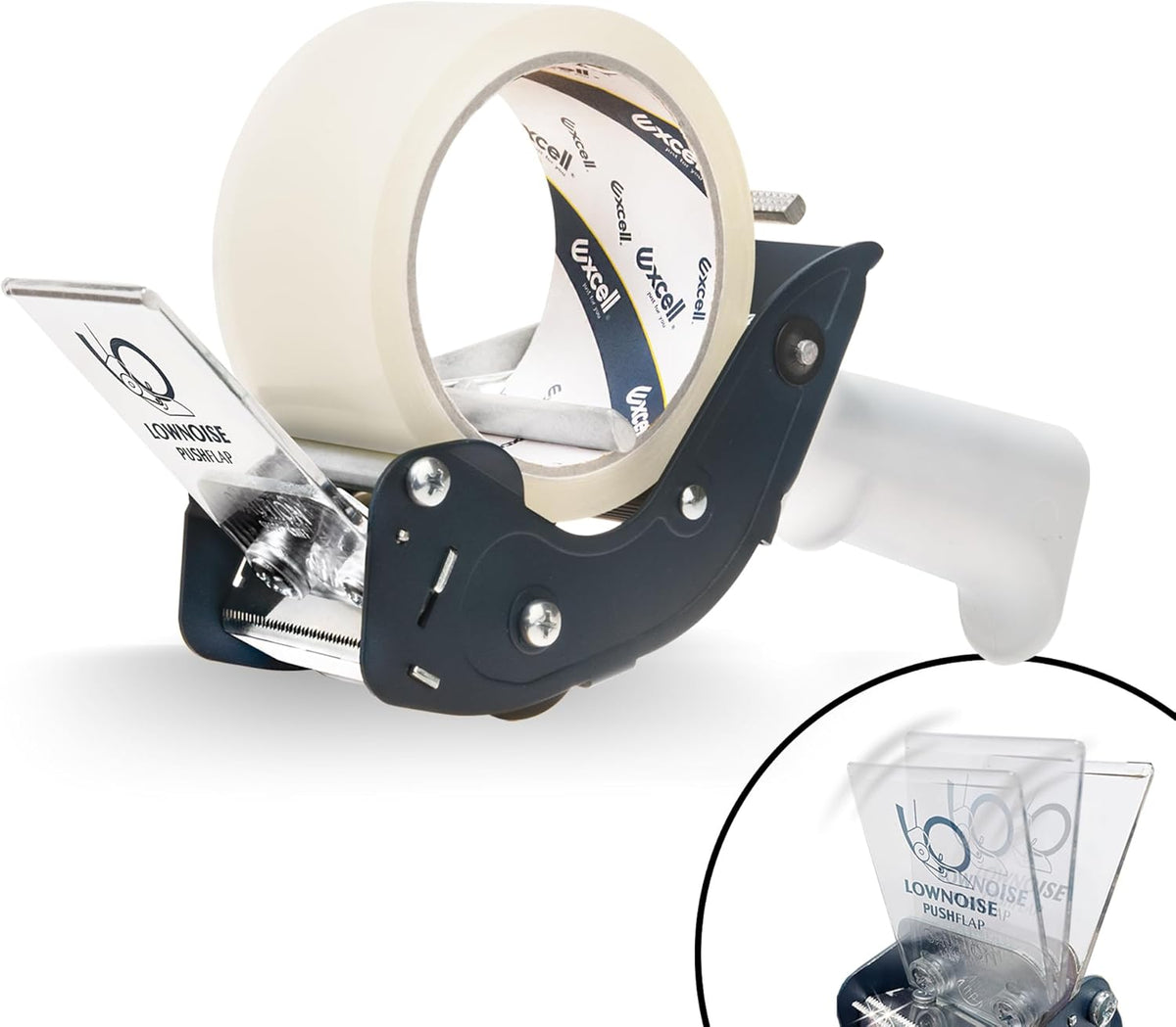 Excell RTS-82891 Low Noise Tape Dispenser, 2" Wide, 3" Core with Pushflap Technology & Static Cling Strip for Quiet, Smooth Carton Sealing - Includes Tape Roll, 1 Pack