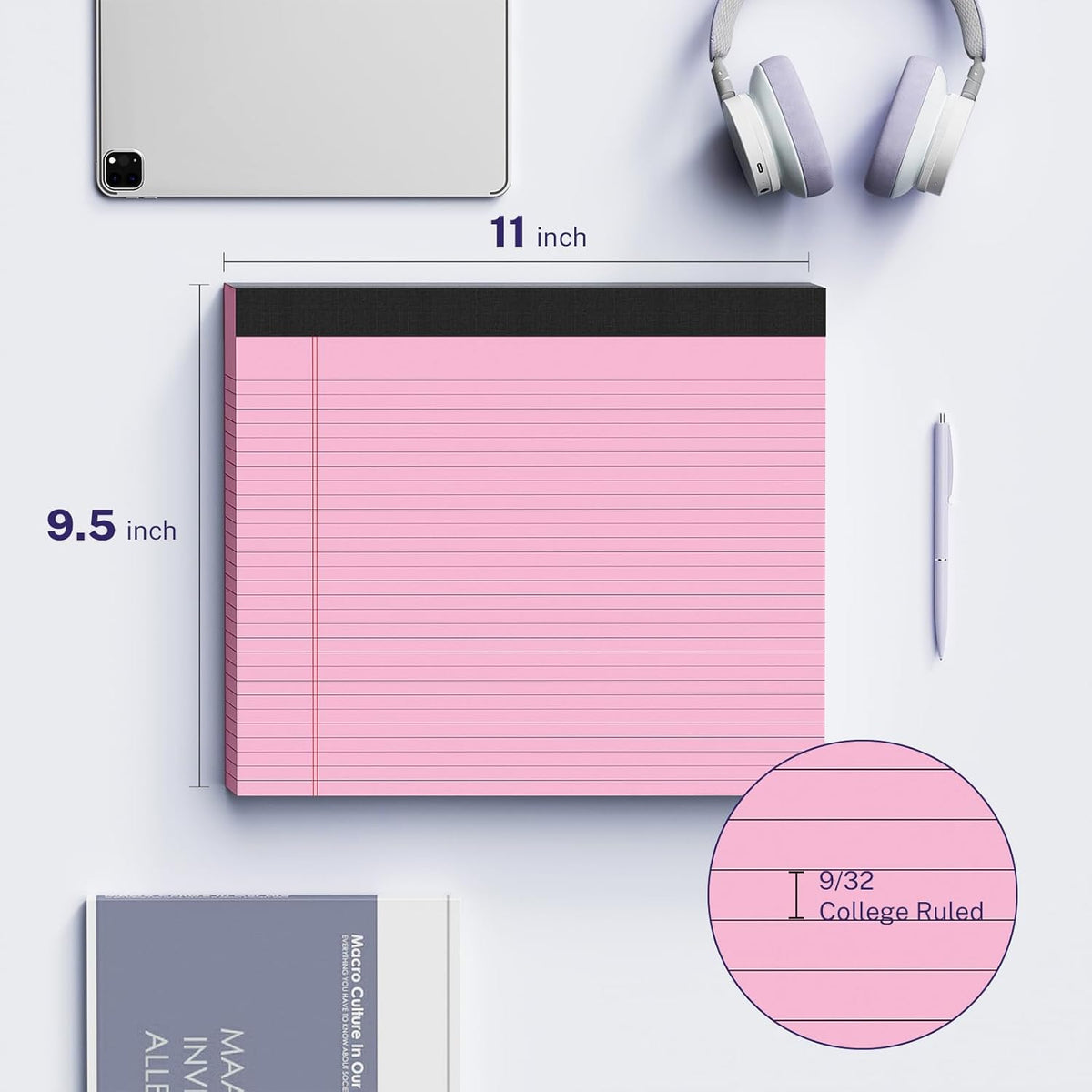 3 Pack Wide Legal Pads 11" x 9.5" (Landscape Format) Pink Purple Blue College Ruled Note Pad Narrow Ruled 30 Sheets per Notepad Perforated Writing Paper with Thick Backboard Horizontal Pads of Paper