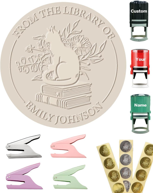Personalized Book Embosser Stamp with Handle Set, Custom Self-Inking Library Stamp with Name & Design, Elegant Invitation Seal from Library Stamp Kit, Birthday, Book Lover Gifts (Cutty Cats)