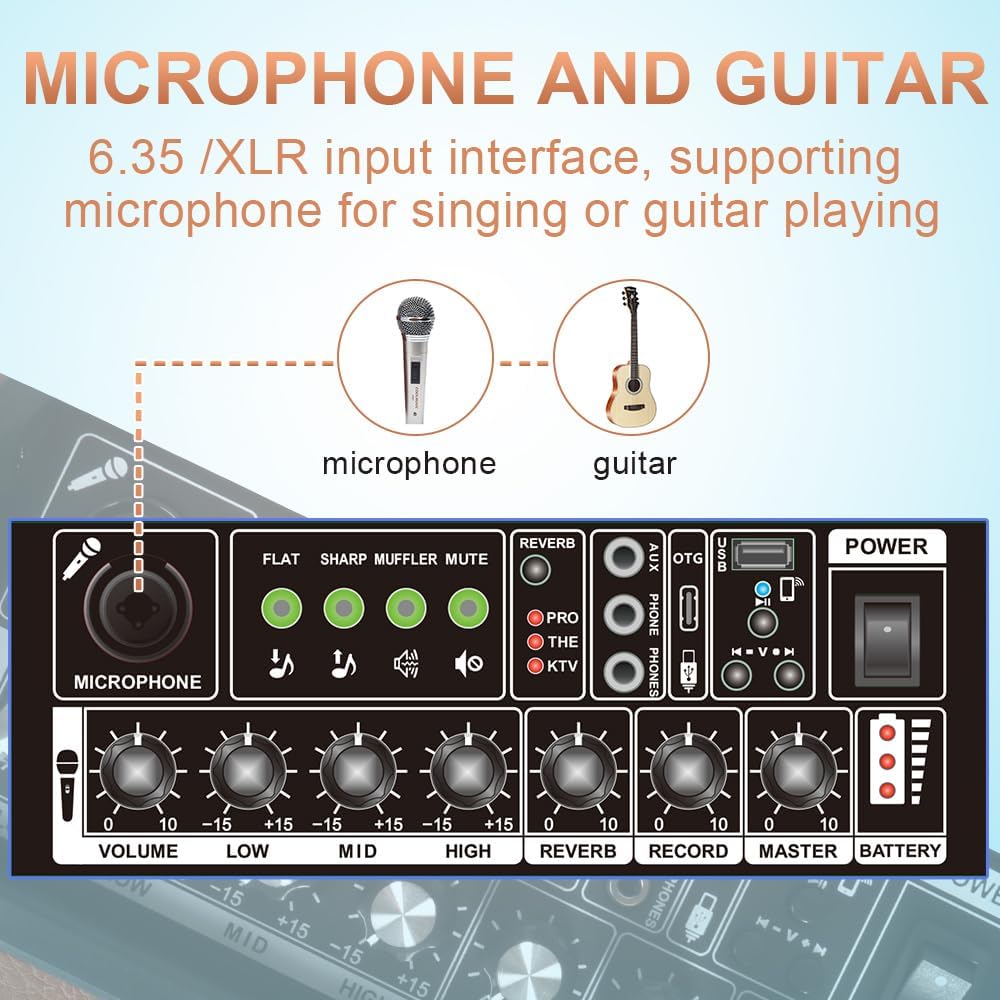 Coolmusic Professional Karaoke Machine Guitar Amplifier with 1 Microphone, Portable Bluetooth Speaker with OTG Supports USB, AUX, Rec, TWS, Part， PA System for Adults/Children