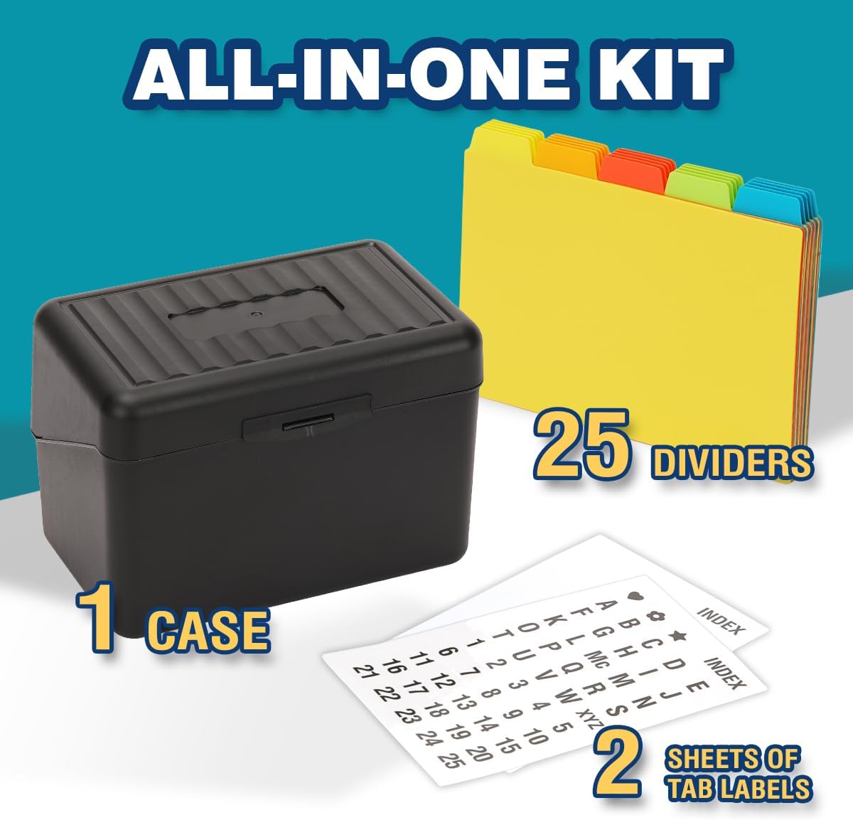 H4D Index Card Holder 4x6 Inches with 25 Plastic Dividers, Black