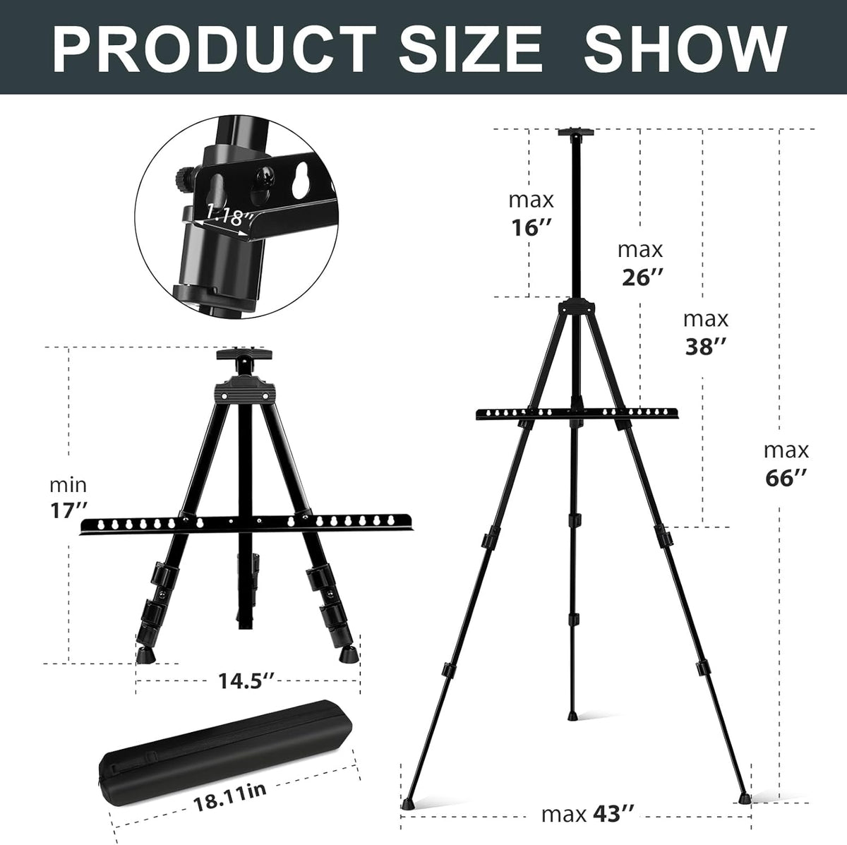 AROIC 8 Pack Painting Display Easel Stand Portable Adjustable Metal Tripod Artist Canvases Height from17to66Inch Extra Sturdy forTable-Top/Floor Painting, Drawingand Displaying,Black with8Storage Bag
